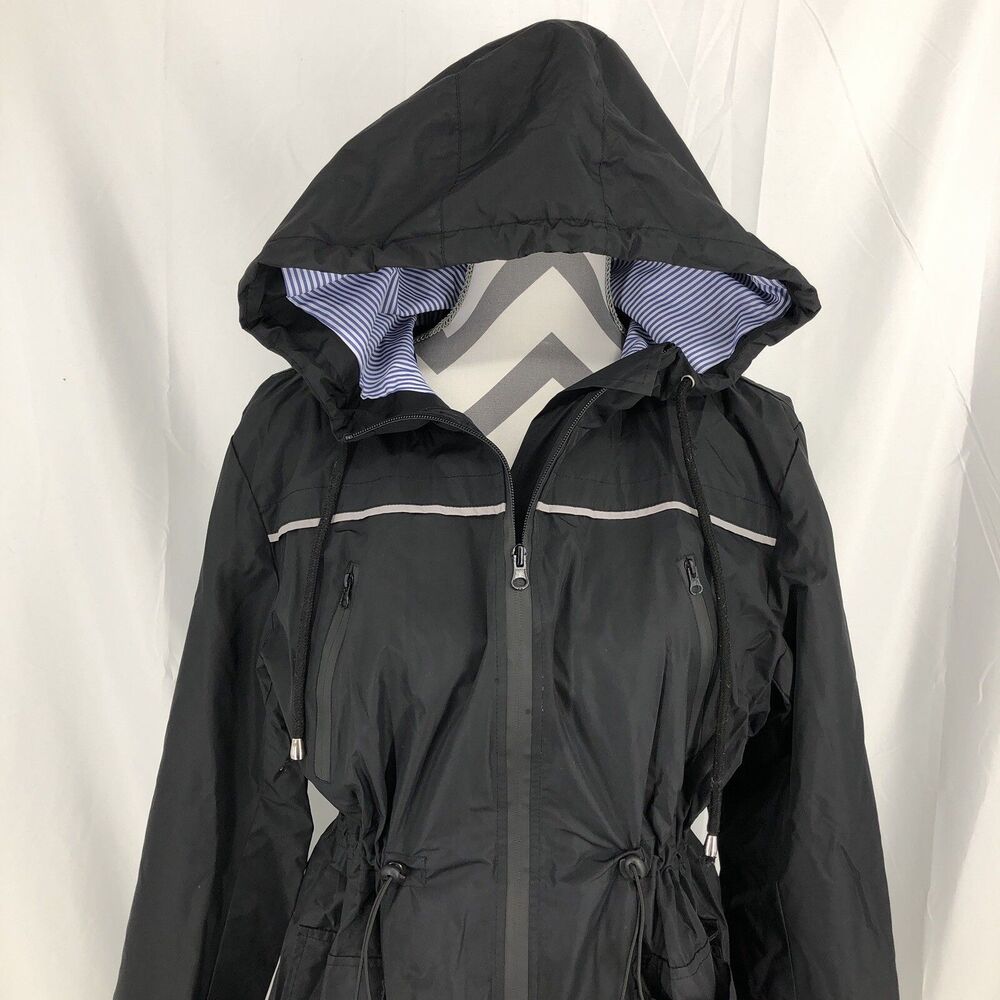 JASAMBAC Black Elastic Drawstring Waist Rain Jacket Hooded Coat Medium